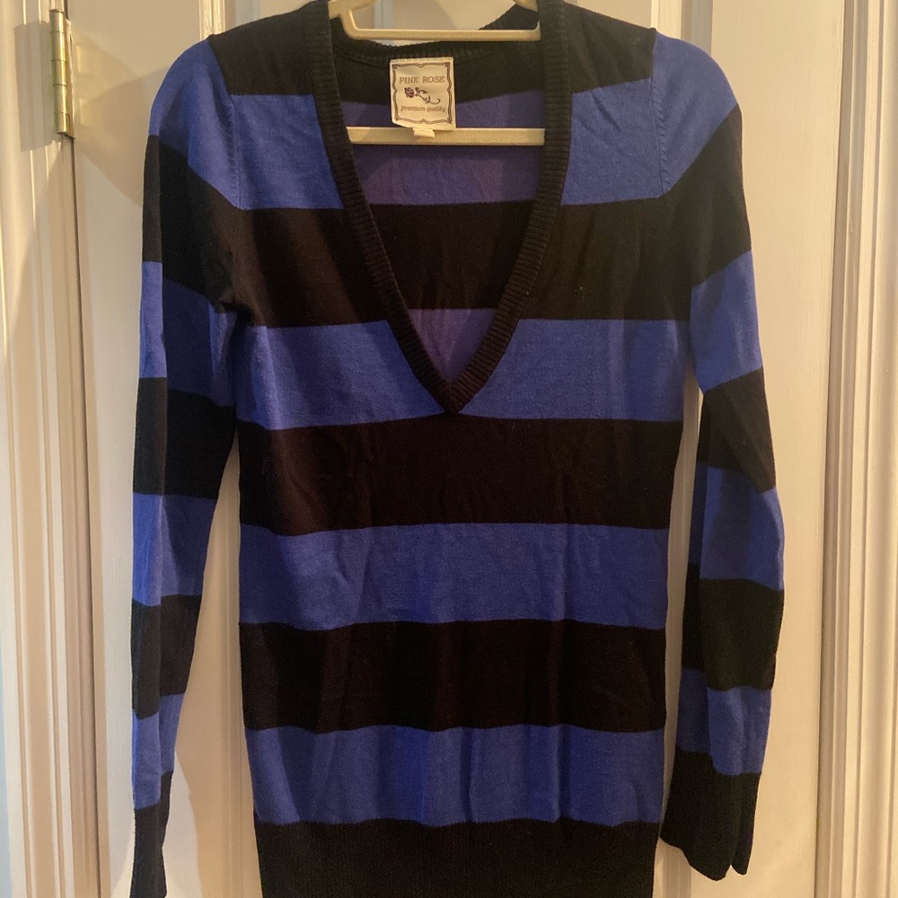 Pink Rose Black Blue Striped Tunic Sweater Vneck Large